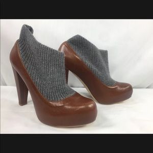 NEW LOEFFLER RANDALL 4" High Heels Hidden Platform Pumps Brown Grey Knit Trim